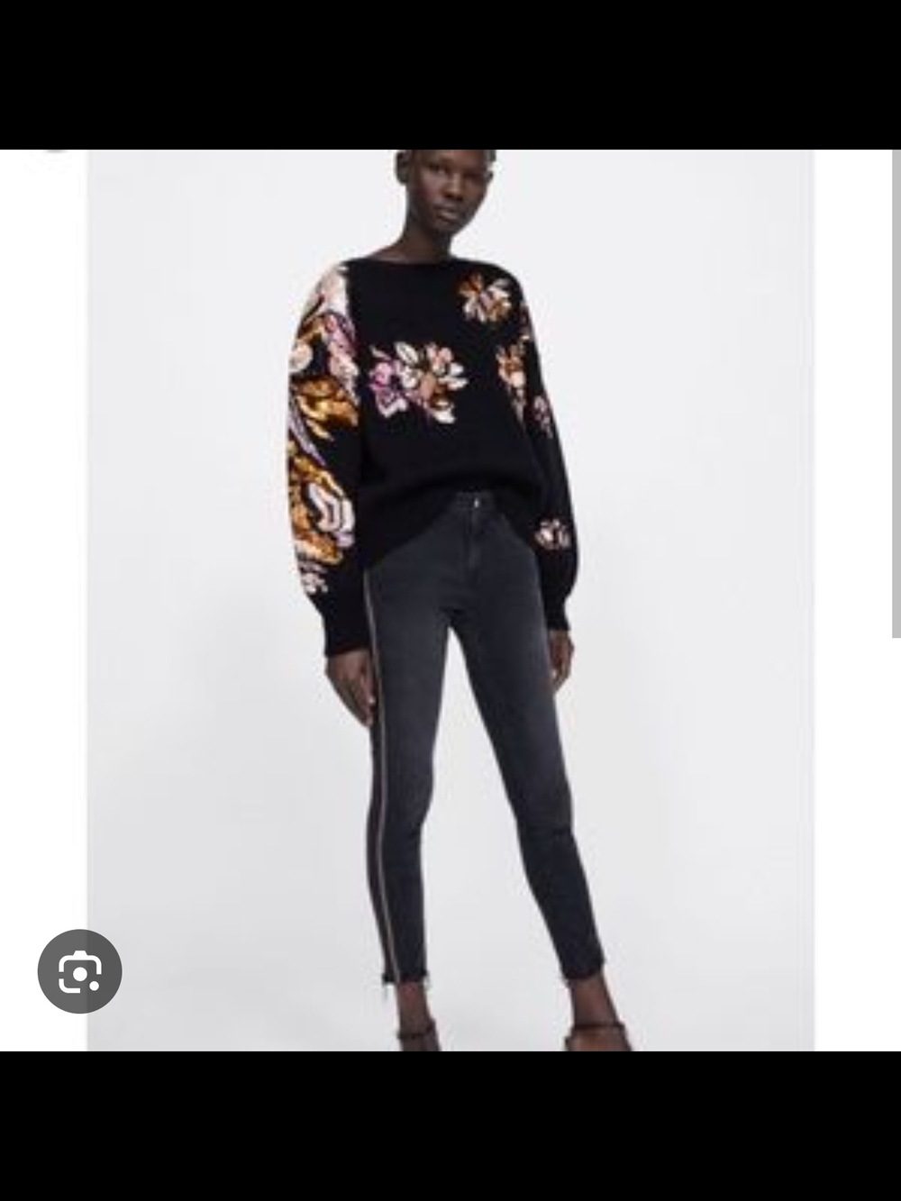 Zara Black Crewneck Sweater with Pink Sequin Floral Detail